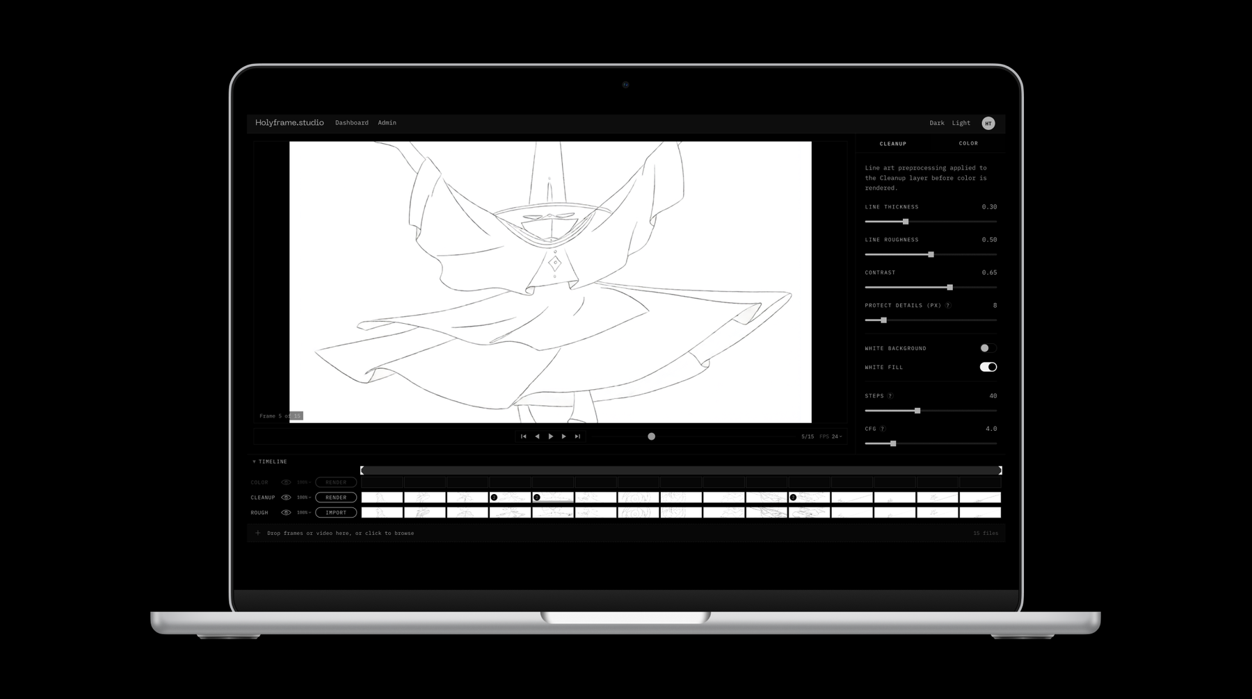 The Holyframe workspace: rough, clean and colour on one timeline